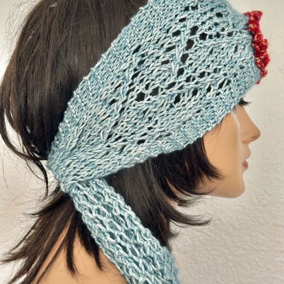 Hand Knits 2 Love Cotton Bandana Headband Scarf Lace Flower Beads Designer Sage - Picture 7 of 13